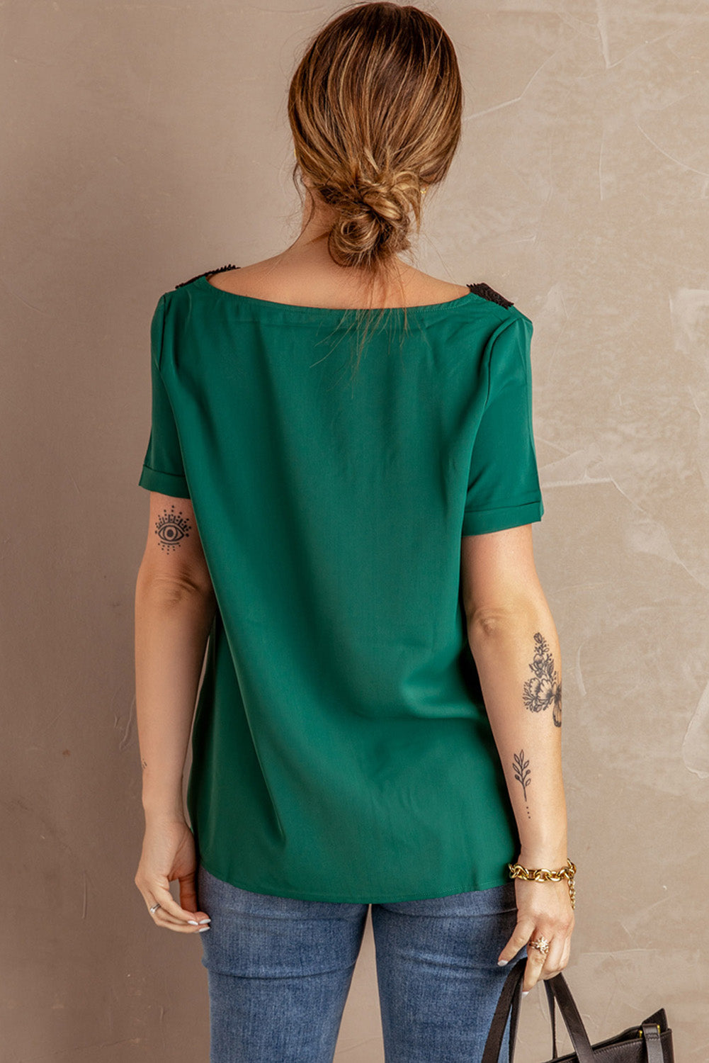 Green Lace V Neck Short Sleeve T-shirt