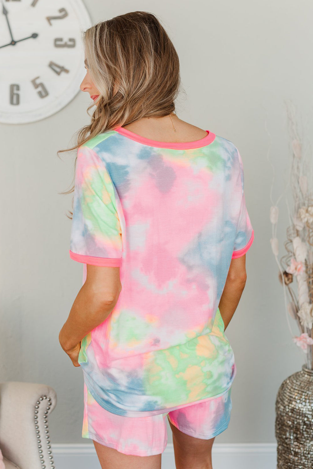 Pink Tie Dye T Shirt and Drawstring Shorts Lounge Set