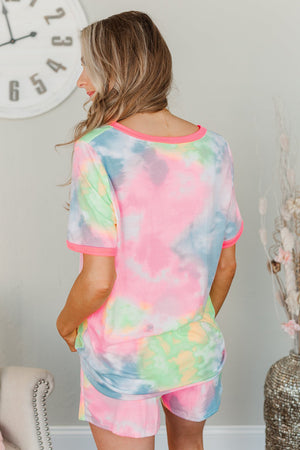 Pink Tie Dye T Shirt and Drawstring Shorts Lounge Set