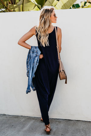 Blue Sleeveless Pocketed Harem Jumpsuit