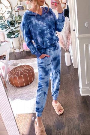 Blue Tie-Dye Drawstring Hoodie and Joggers Pants Loungewear Set