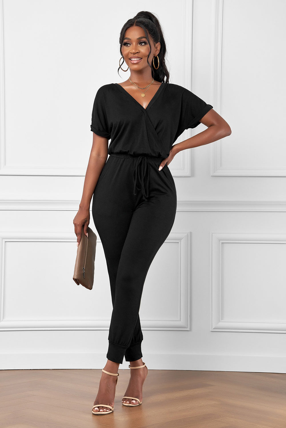 Black V Neck Wrap Front Jumpsuits