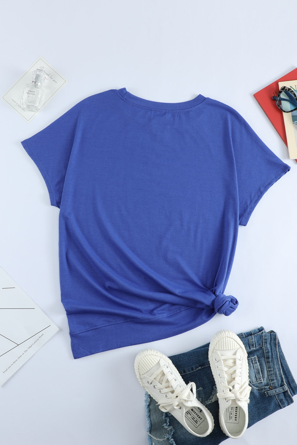 Blue Round Neck Short Sleeve Solid Color Tee