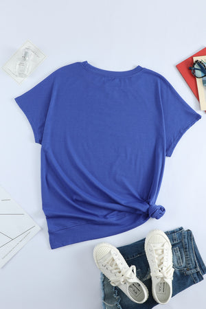 Blue Round Neck Short Sleeve Solid Color Tee