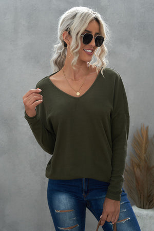 Green Twist Knot Waffle Knit Long Sleeve Top