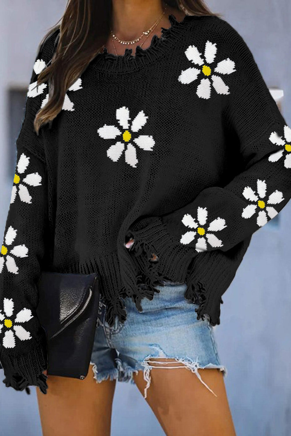 Black Distressed Wild Flower Sweater