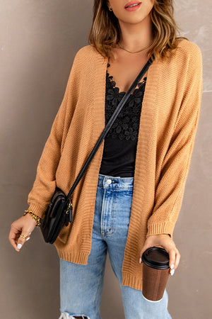 Khaki Open Front Knitted Sweater with Pocket