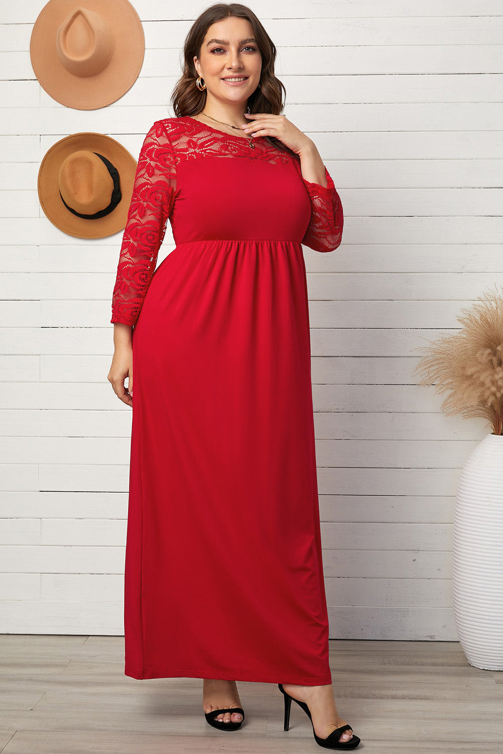 Red Plus Size 3/4 Lace Sleeve Yoke Maxi Dress
