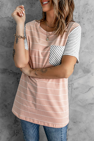 Pink Striped Short Sleeve Contrast Color T-Shirt with Pocket