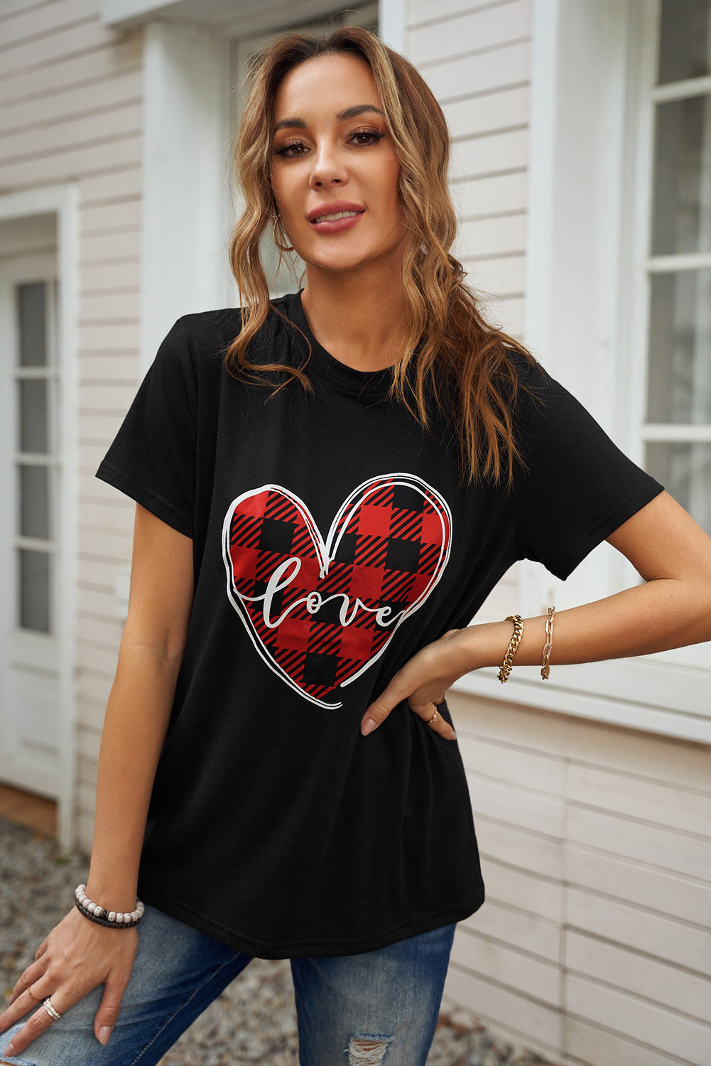 Plaid Love Heart Print Short Sleeve T-shirt
