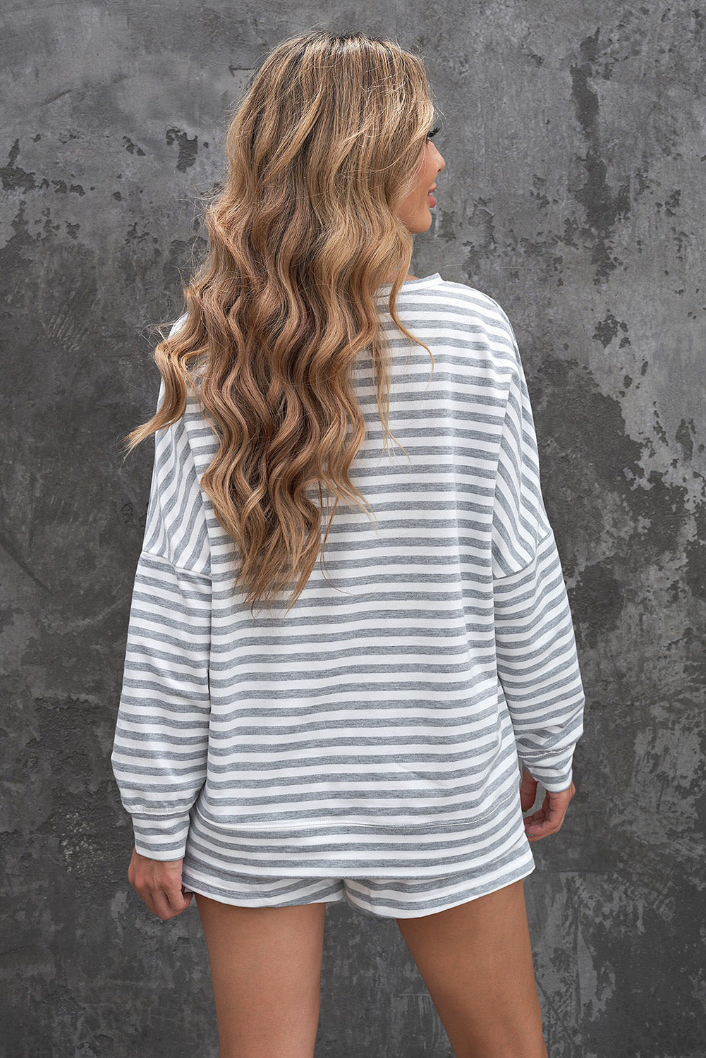 Gray Long Sleeve Striped Lounge Set