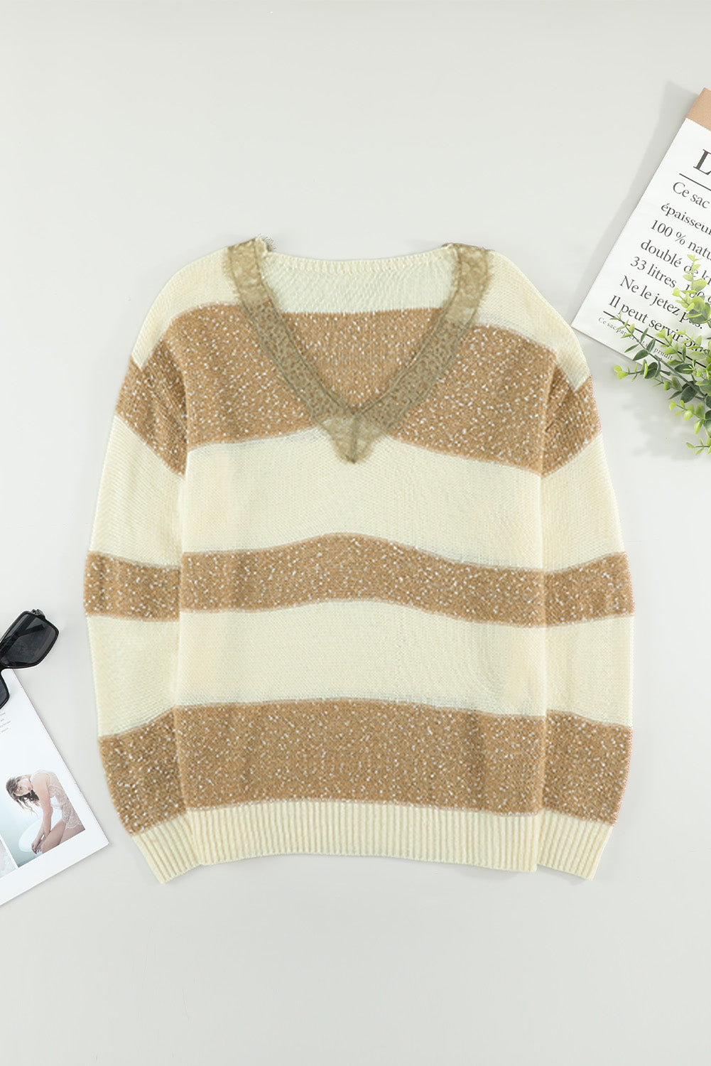 Khaki Striped Lace Splicing V Neck Knit Sweater