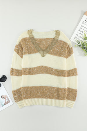 Khaki Striped Lace Splicing V Neck Knit Sweater