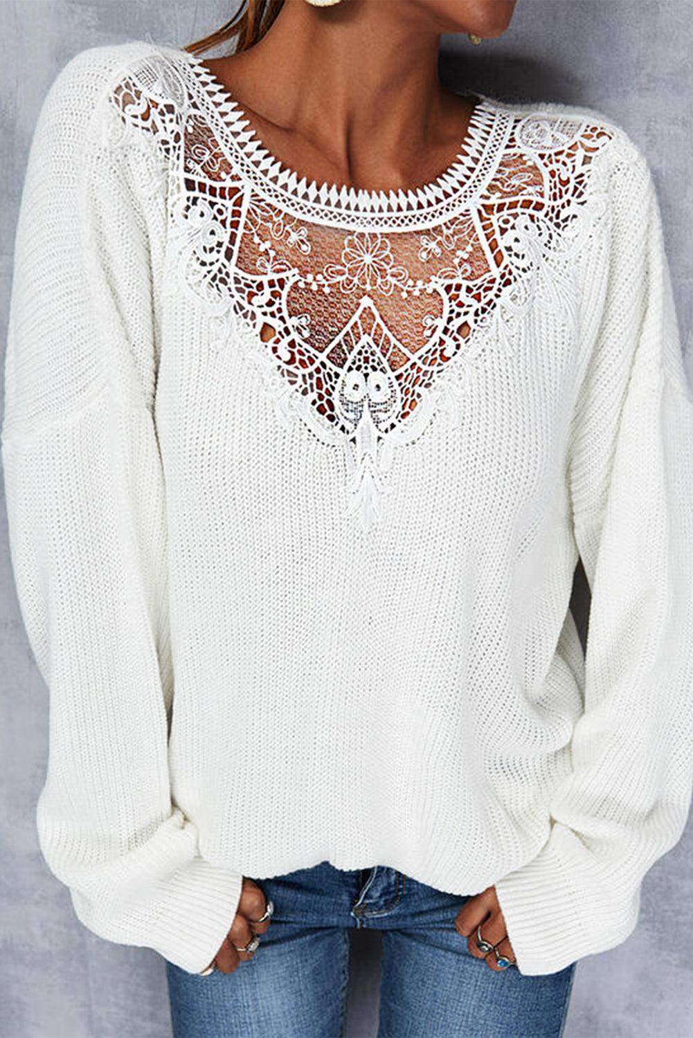 Lace Splicing Drop-shoulder Knitted Sweater
