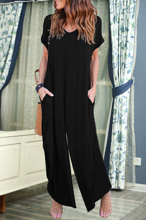 Black Solid Color Short Sleeve Wide Leg Jumpsuit with Pocket