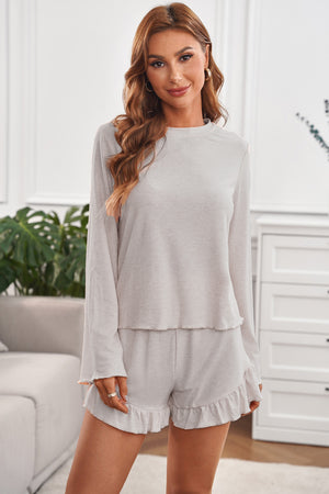 Apricot Bell Sleeve Top and Ruffle Shorts Lounge Suit