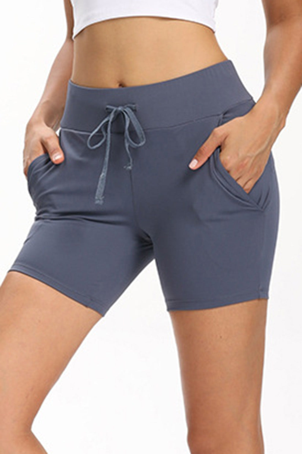 Sky Blue Tie Waist Pocket Slim-fit Yoga Shorts