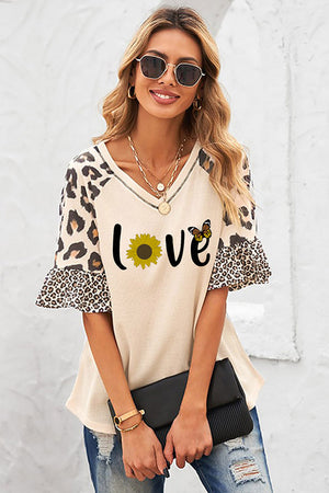 Ruffled Leopard Sleeve Love Graphic Top