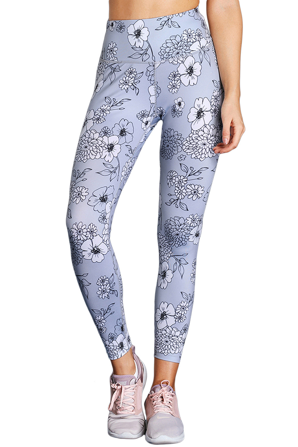 Gray Floral Print Allover High Waist Leggings