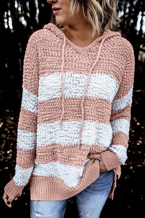 Pink Color Block Side Slit Knitted Hooded Sweater
