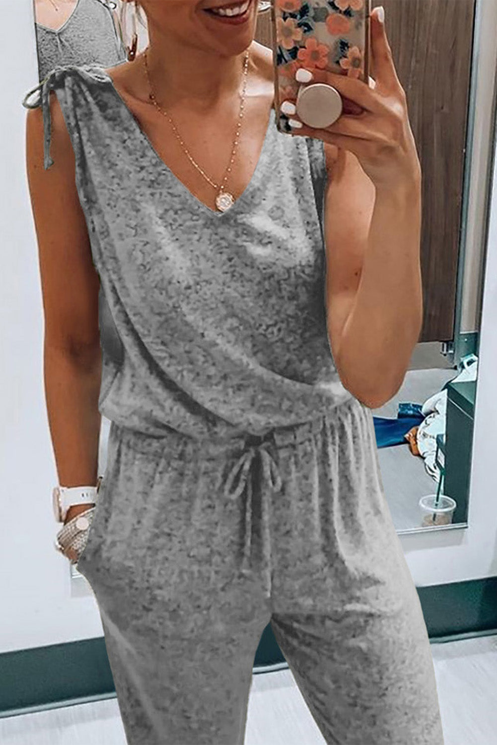Gray V Neck Tied Drawstring Sleeveless Jumpsuit