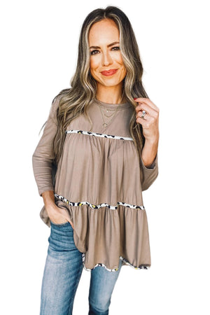 Khaki Leopard Splicing Ruffle Long Sleeve Top