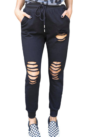 Elastic Waist Drawstring Distressed Pants