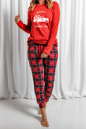 HAPPY Valentine's Day Plaid Long Sleeve Lounge Set