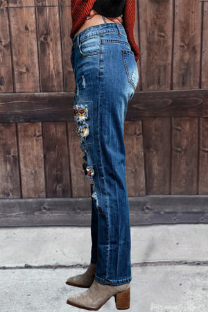 Western Pattern Patchwork High Rise Distressed Jeans