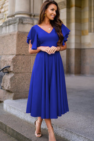 Blue V Neck Ruffled Sleeves Flare Long Dress