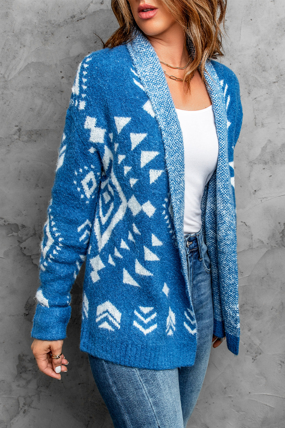 Blue  Aztec print Open Front Knitted Sweater