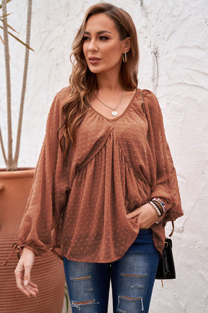 Brown Swiss Dot Lace-up V Neck Long Sleeve Top