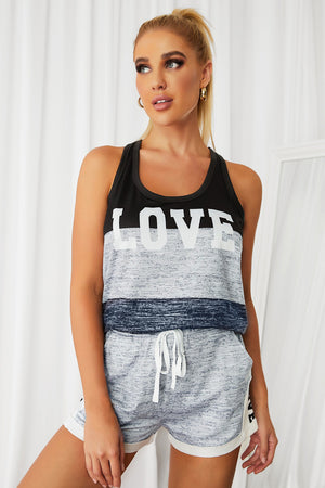 Letter Print Tank & Drawstring Waist Shorts Set