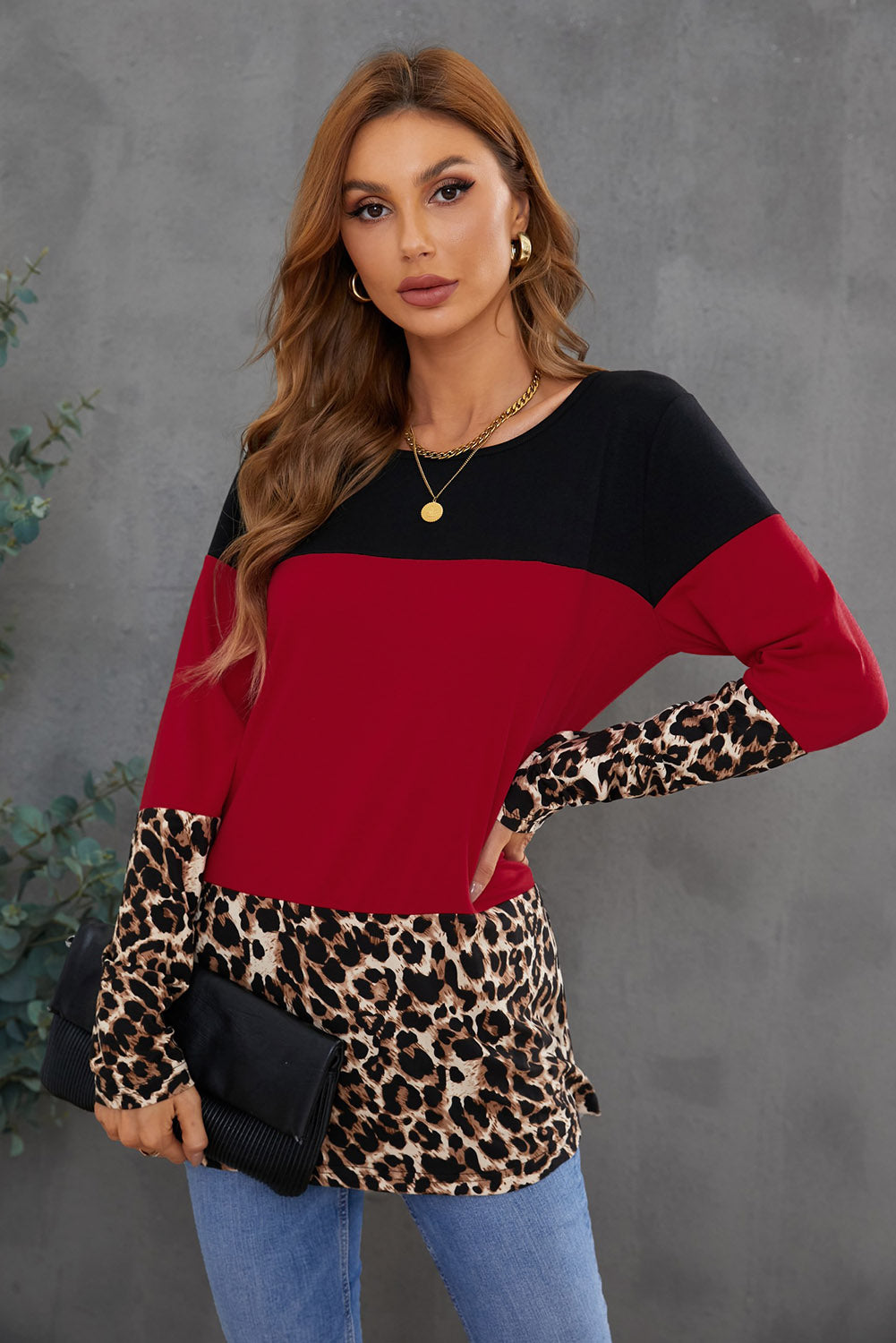 Parent Child Matching Mom's Leopard Colorblock Long Sleeve Top