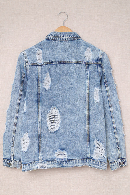 Sky Blue Distressed Buttons Washed Denim Jacket