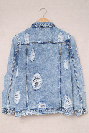 Sky Blue Distressed Buttons Washed Denim Jacket