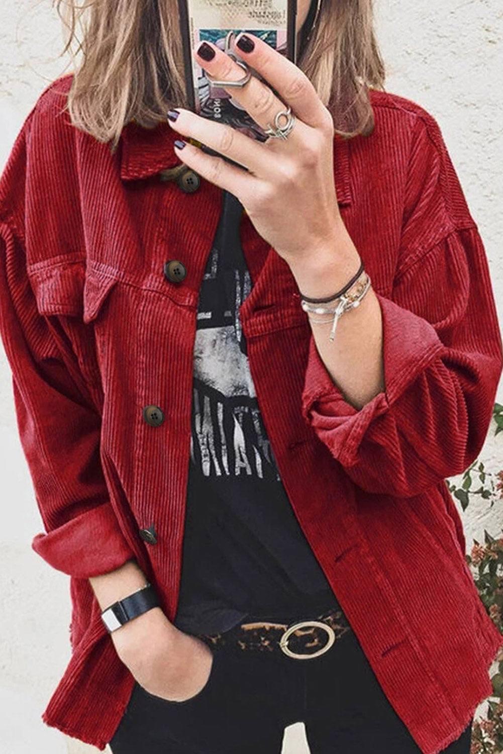 Red Corduroy Long Sleeve Button-up Shirt Coat