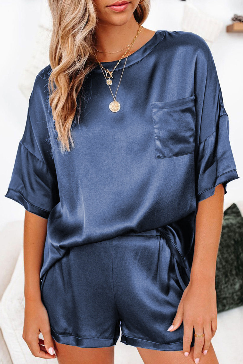 Dark Blue Satin Pocketed Tee and Shorts Lounge Set