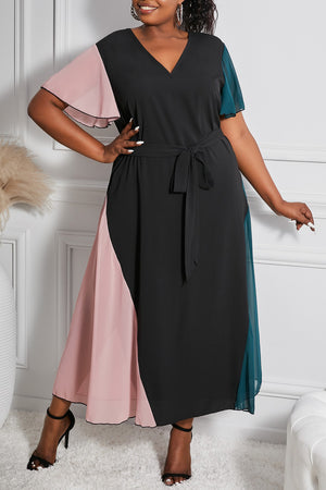 Color Block Lace-up V Neck Plus Size Maxi Dress