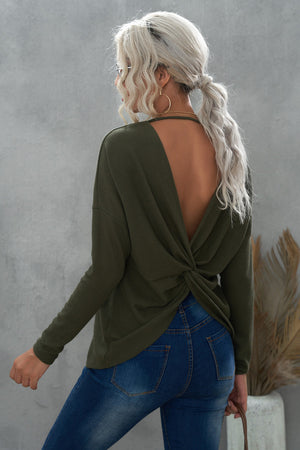 Green Twist Knot Waffle Knit Long Sleeve Top