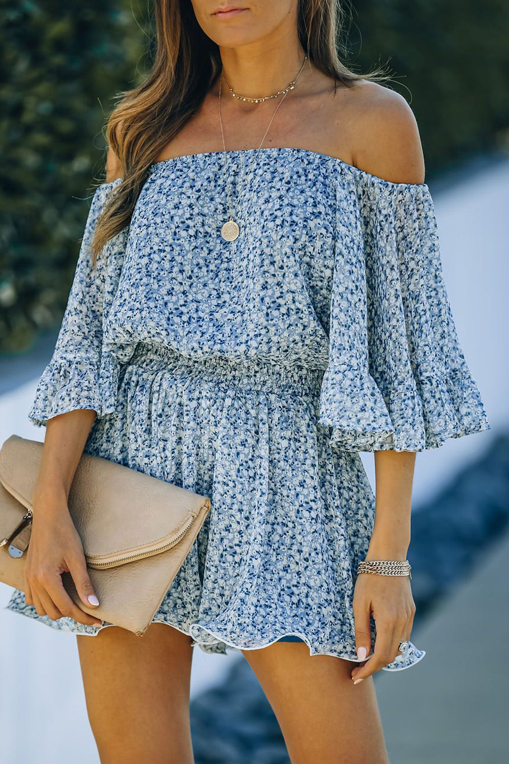 Blue Off Shoulder Bell Sleeves Floral Romper