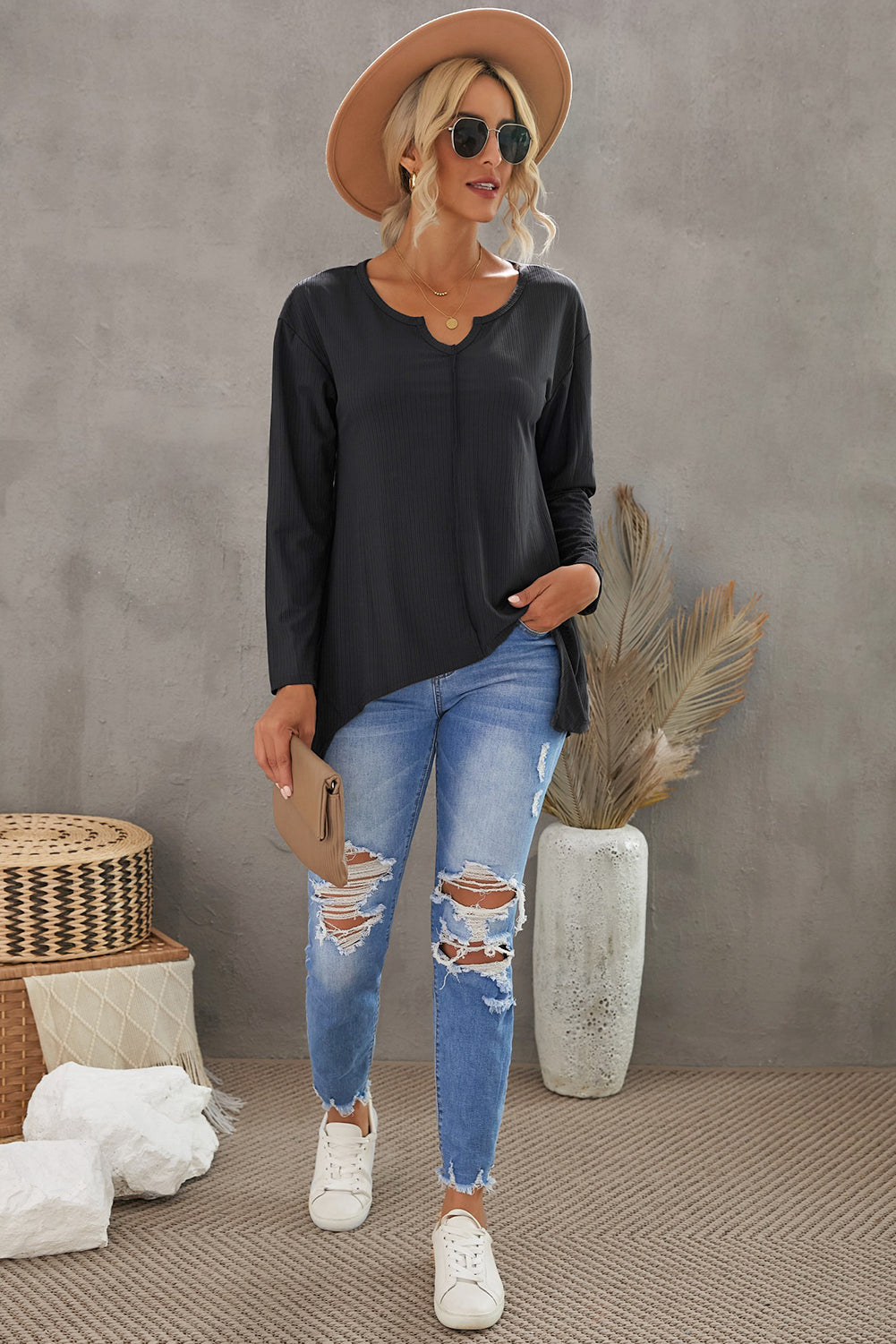 Gray Asymmetric Hemline Long Sleeve Top