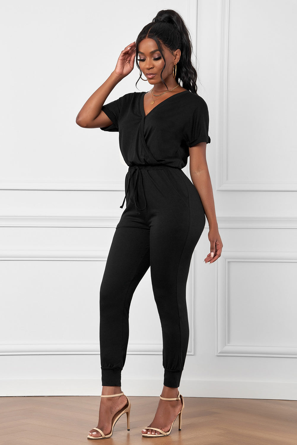 Black V Neck Wrap Front Jumpsuits
