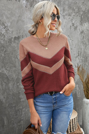 Brown Chevron Colorblock Crew Neck Sweater
