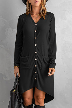 Black Selected Button Pocketed High Low Cardigan