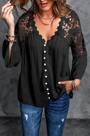 Black Crochet Lace Button Top
