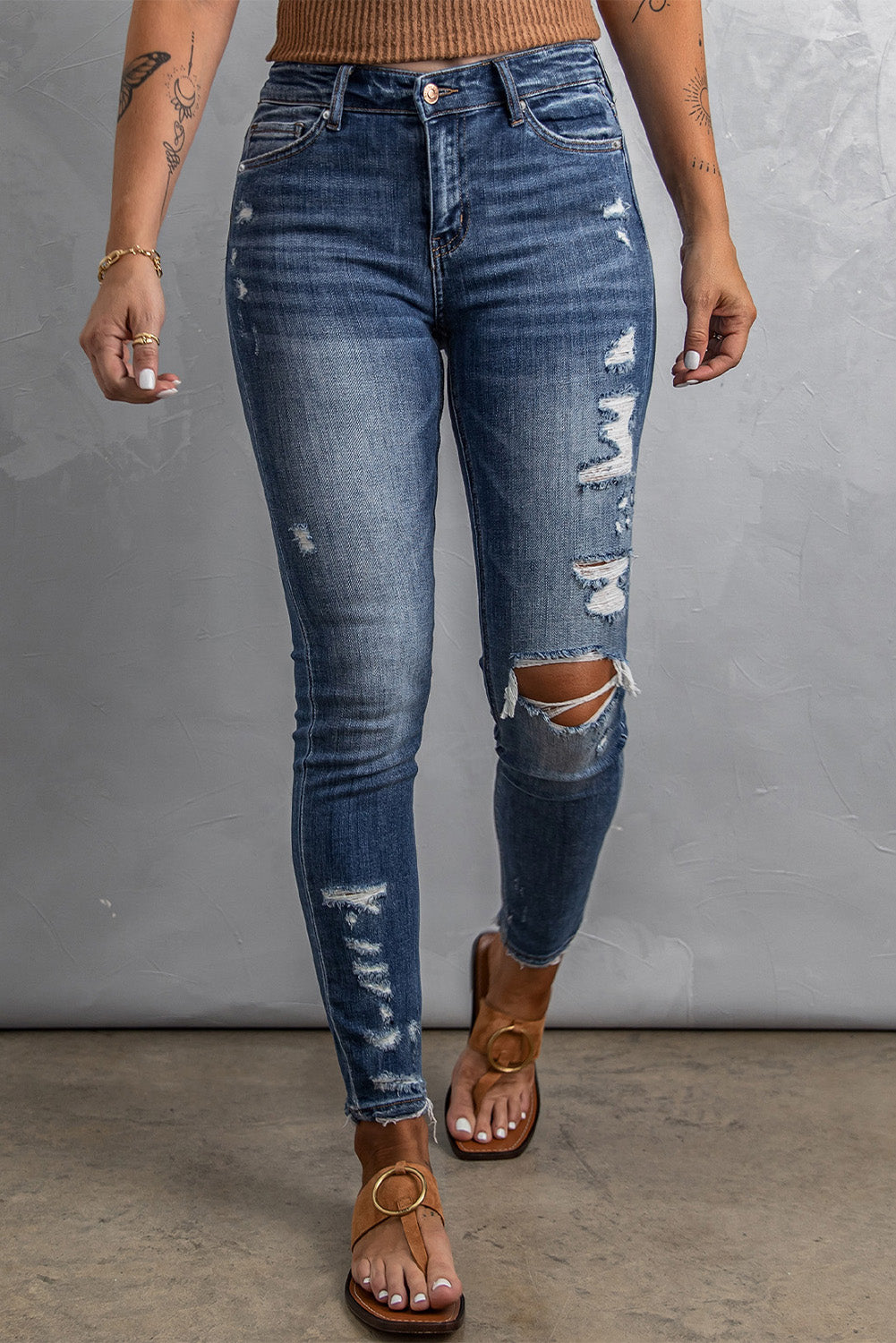Blue Wash Distressed Skinny High Waist Jeans