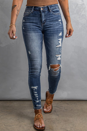 Blue Wash Distressed Skinny High Waist Jeans