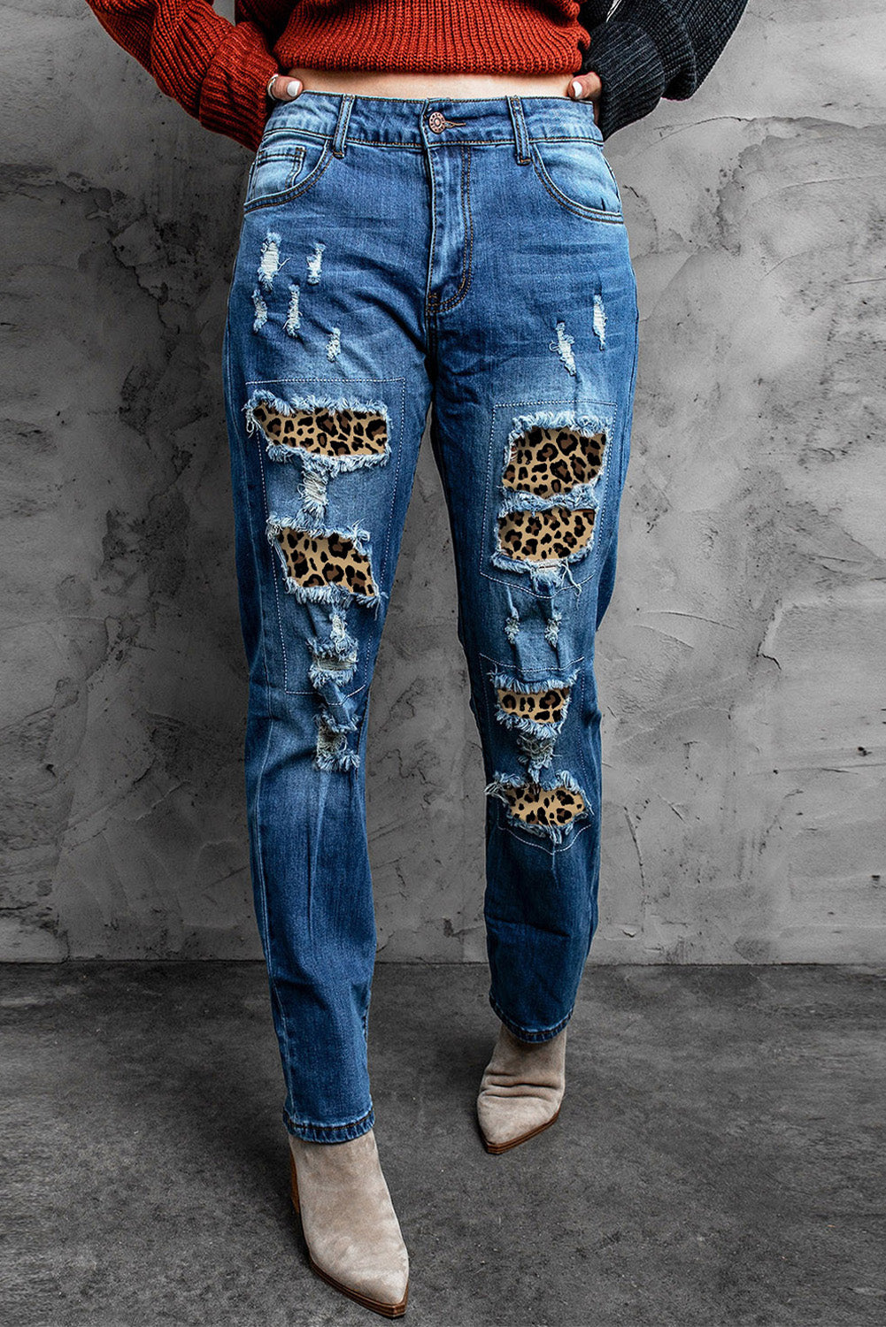 Distressed Leopard Patchwork Straight Leg Jeans