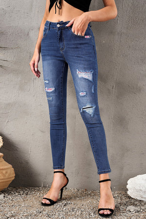 Aztec Patch Ripped Slim-fit Jeans